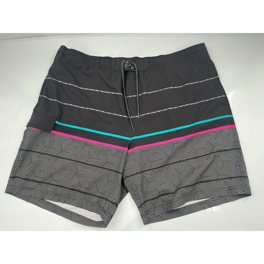 George Mens Board Shorts Black Geometric Striped Swim Trunks Size 3XL 48-50